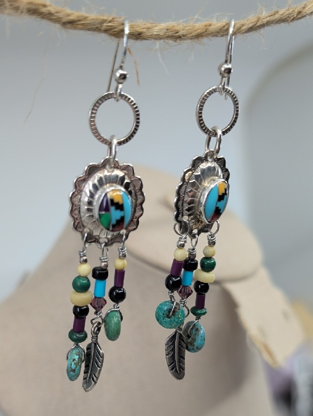 Vintage Masha 925 Sterling Inlay Concho Dreamcatcher Earrings - Picture 7 of 17